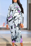 Blue Elegant Geometric Print Flowers Contrast Turtleneck Printed Dresses