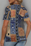 Blue Khaki Casual Faux Denim Print Slit V Neck T-Shirts
