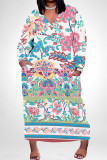 White Blue Casual Graffiti Print Pocket Contrast V Neck Printed Plus Size Dresses