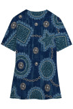 Blue Khaki Casual Faux Denim Print Slit V Neck T-Shirts