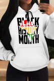 White Casual Letter Print Draw String Pocket Hooded Tops