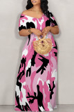 Rose Sexy Geometric Print Contrast V Neck Printed Dresses