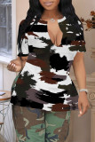 Grey Casual Camouflage Print Slit Contrast V Neck T-Shirts