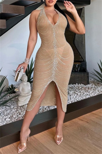 Apricot Sexy Patchwork Hot Drilling Backless Slit Halter Bud Dresses