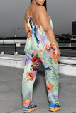 Light Green Casual Floral Print Pocket Contrast U Neck Loose Jumpsuits