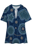 Blue Khaki Casual Faux Denim Print Slit V Neck T-Shirts