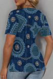 Blue Khaki Casual Faux Denim Print Slit V Neck T-Shirts