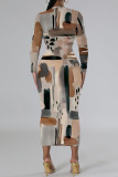 Orange Black Casual Geometric Print Flowers Lips Contrast O Neck Printed Dresses