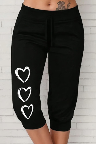 Black Casual Heart Shaped Draw String Patchwork Regular Mid Waist Positioning Print Bottoms