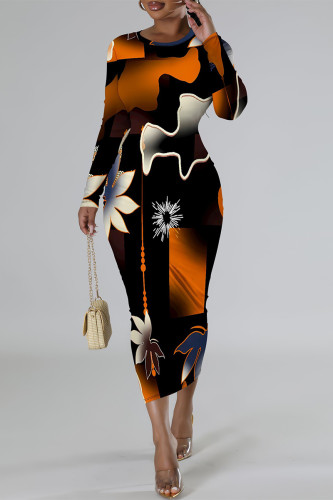 Orange Black Casual Geometric Print Flowers Lips Contrast O Neck Printed Dresses