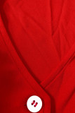 Red Casual Solid Color Buttons Patchwork V Neck Sleeveless Two Pieces