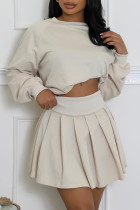 Apricot Casual Solid Color Pleated O Neck Long Sleeve Two Pieces