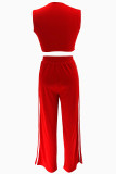 Red Casual Solid Color Buttons Patchwork V Neck Sleeveless Two Pieces