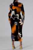 Orange Black Casual Geometric Print Flowers Lips Contrast O Neck Printed Dresses