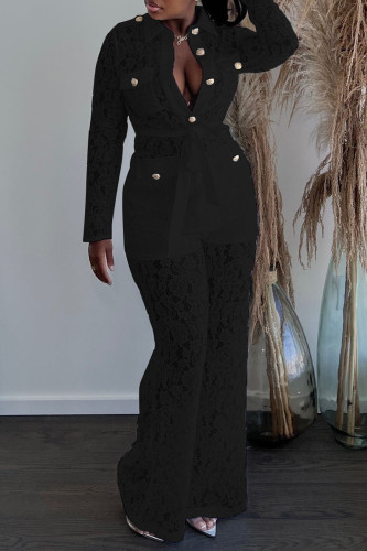 Black Casual Solid Color Lace Strap Design Turndown Collar Long Sleeve Two Pieces