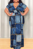 Blue Black Sexy Faux Denim Print With Belt Contrast V Neck Printed Plus Size Dresses