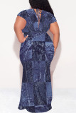 Blue Black Sexy Faux Denim Print With Belt Contrast V Neck Printed Plus Size Dresses