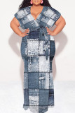 Blue Black Sexy Faux Denim Print With Belt Contrast V Neck Printed Plus Size Dresses