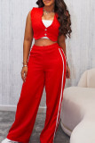 Red Casual Solid Color Buttons Patchwork V Neck Sleeveless Two Pieces