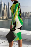 Green Casual Geometric Print Contrast O Neck Printed Dresses