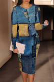 Blue Casual Faux Denim Print Contrast O Neck Printed Dresses