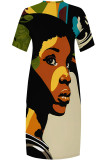 khaki Green Casual Print portrait Pocket Contrast V Neck Printed Plus Size Dresses