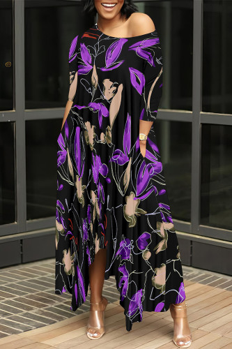 Black Purple Casual Floral Print Pocket Irregular O Neck Irregular Dresses