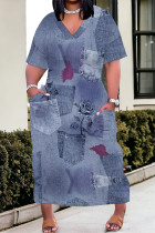 Blue Purple Street Faux Denim Print Pocket Contrast V Neck Printed Plus Size Dresses