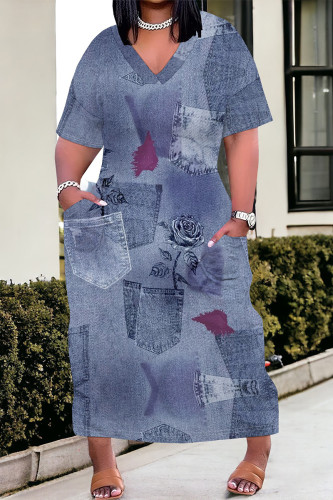 Blue Purple Street Faux Denim Print Pocket Contrast V Neck Printed Plus Size Dresses