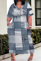 Light Blue Street Faux Denim Print Pocket Contrast V Neck Printed Plus Size Dresses