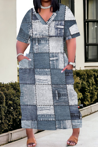 Light Blue Street Faux Denim Print Pocket Contrast V Neck Printed Plus Size Dresses