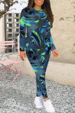 Purple Casual Geometric Print Gradient Contrast O Neck Long Sleeve Two Pieces