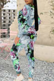 Black Purple Casual Floral Print Contrast O Neck Long Sleeve Two Pieces
