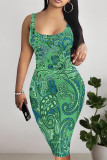 Yellow Sexy National Totem Flowers Print Contrast U Neck Printed Dresses