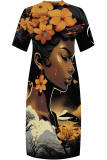 khaki Green Casual Print portrait Pocket Contrast V Neck Printed Plus Size Dresses