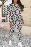 Gray Green Casual Geometric Print Letters Contrast O Neck Long Sleeve Two Pieces