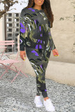 Purple Casual Geometric Print Gradient Contrast O Neck Long Sleeve Two Pieces