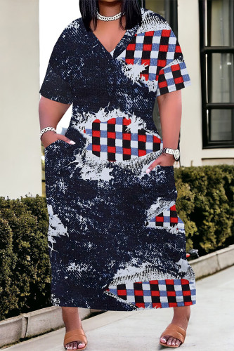Blue Red Street Faux Denim Print Pocket Contrast V Neck Printed Plus Size Dresses