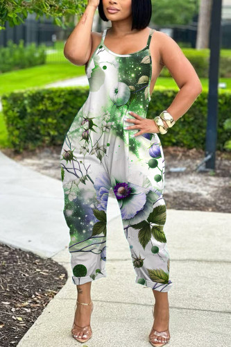 White Green Casual Floral Print Pocket Contrast U Neck Loose Jumpsuits