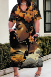 khaki Green Casual Print portrait Pocket Contrast V Neck Printed Plus Size Dresses