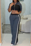 Black Casual Draw String Zipper Contrast Zipper Collar Short Sleeve Two Pieces