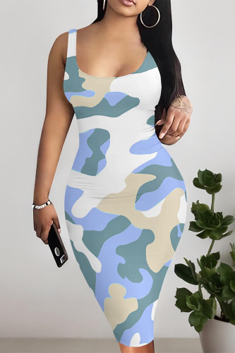 White Blue Casual Geometric Print Floral Print Contrast U Neck Printed Dresses