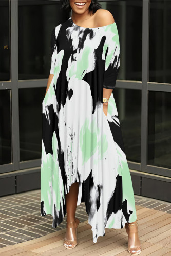 White Green Casual Floral Print Pocket Irregular O Neck Irregular Dresses