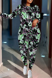 Black Purple Casual Floral Print Contrast O Neck Long Sleeve Two Pieces