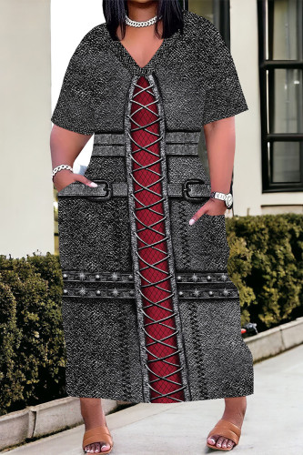 Black Gray Street Faux Denim Print Pocket Contrast V Neck Printed Plus Size Dresses