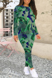 Purple Casual Geometric Print Gradient Contrast O Neck Long Sleeve Two Pieces