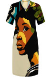 khaki Green Casual Print portrait Pocket Contrast V Neck Printed Plus Size Dresses