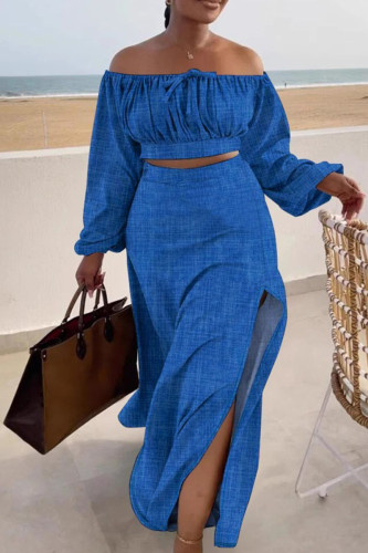 Blue Casual Solid Color High Slit Ruched Strap Design Off Shoulder Long Sleeve Two Pieces