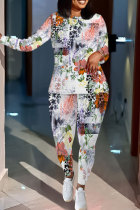 White Casual Floral Print Contrast O Neck Long Sleeve Two Pieces
