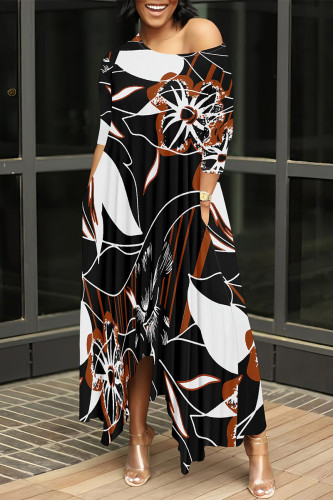 Black Brown Casual Floral Print Pocket Irregular O Neck Irregular Dresses